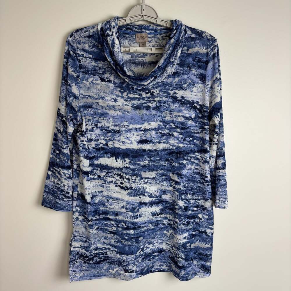EASYWEAR by CHICO'S Sheer Mesh Slouchy Turtleneck Top Women L Blue White Stretch